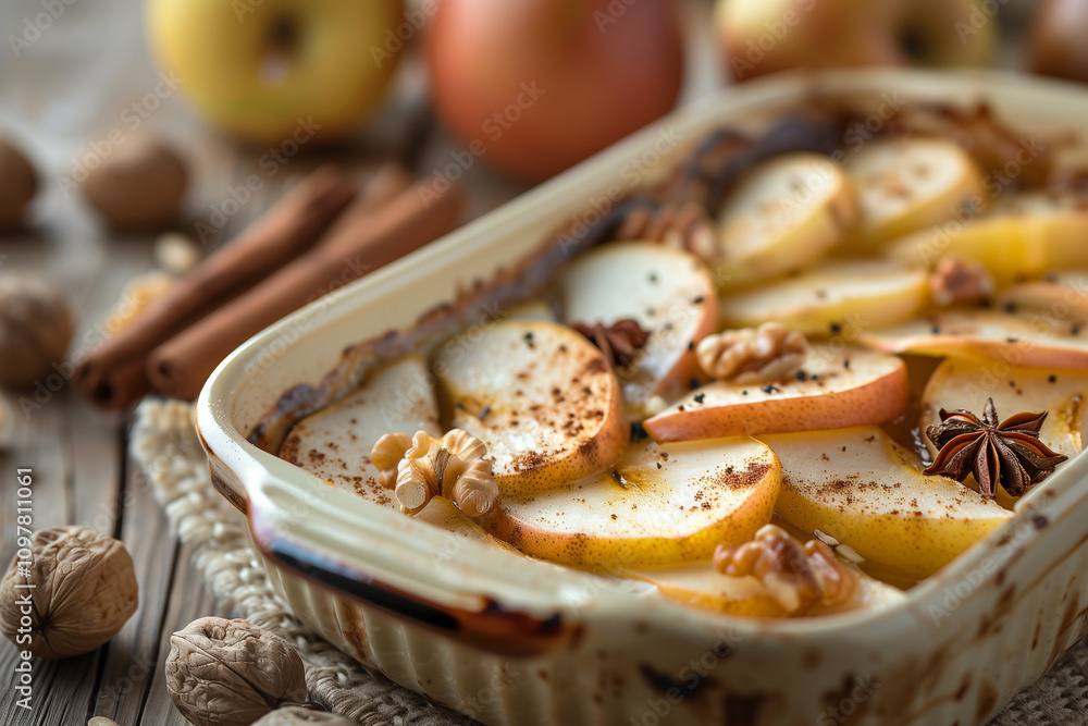 A baking dish with warm, baked apple and pear slices, topped with cinnamon and nuts. Generative AI tools A baking dish with warm, baked apple and pear slices, topped with cinnamon and nuts. Generative AI tools