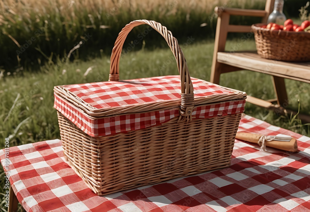 Picnic basket on a red chequered tablecloth on a grassy field Picnic basket on a red chequered tablecloth on a grassy field