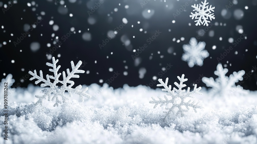 Sparkling snowflakes falling on a snowy ground. Sparkling snowflakes falling on a snowy ground.