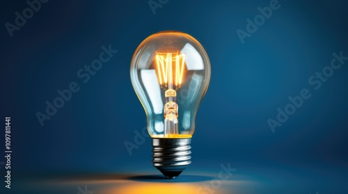 A solitary lightbulb illuminating a blue background with copy space, light bulb isolated on blue background, for electrician maintenance, craftsman, handyman, tools, ideas, thinking, business