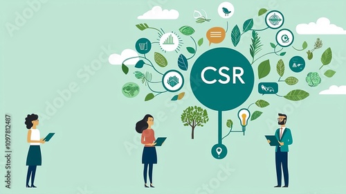 CSR Corporate Social Responsibility Illustration depicting corporate social responsibility and sustainability efforts.