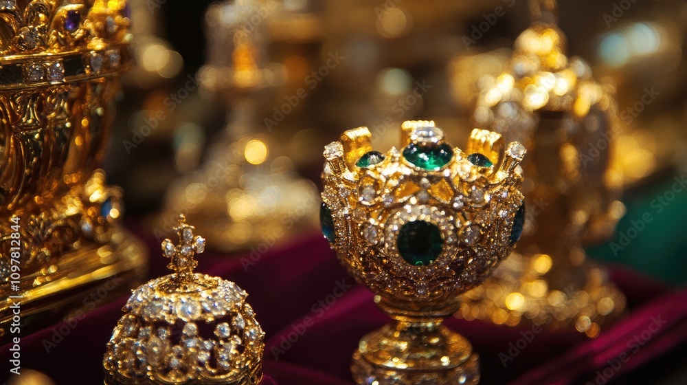 Exquisite Gold and Emerald Decorative Art Pieces in Close-Up Exquisite Gold and Emerald Decorative Art Pieces in Close-Up