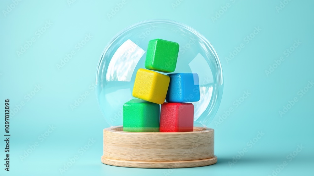 Colorful Building Blocks Inside a Glass Dome on a Pastel Background Colorful Building Blocks Inside a Glass Dome on a Pastel Background