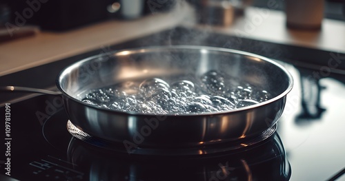 A close-up of a steaming pan of water on a stovetop photo