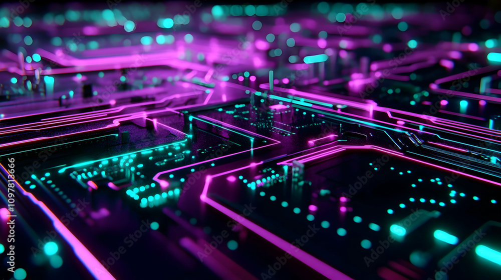 A vibrant pink and green digital circuit grid, symbolizing futuristic computing and high-speed data transfer. A vibrant pink and green digital circuit grid, symbolizing futuristic computing and high-speed data transfer.