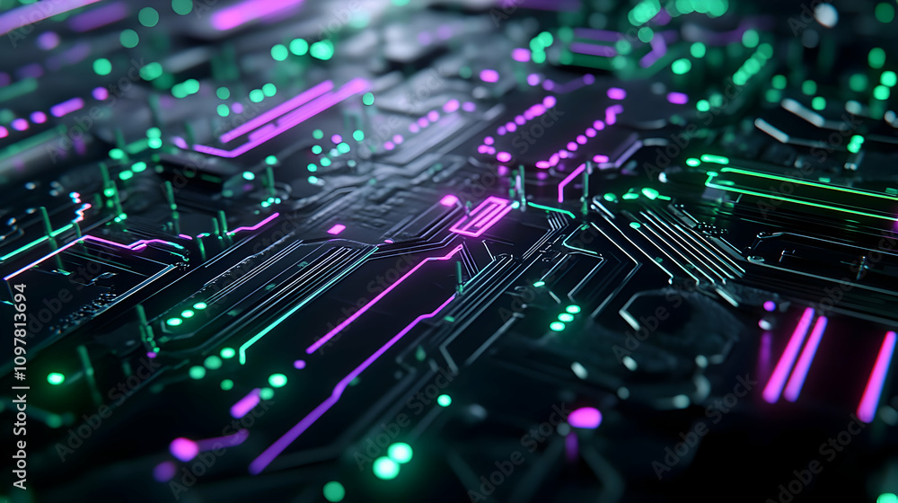 Obraz premium A glowing green and purple circuit design with dynamic details, representing futuristic data systems and innovation.