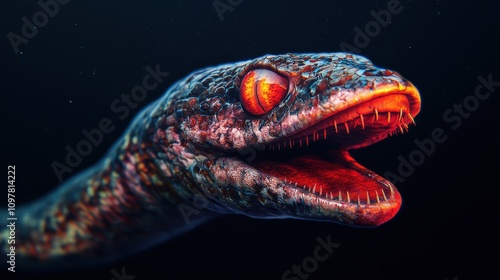 Glowing Deep Sea Eel Creature  3D Render  Fantasy  Underwater  Dark  Bioluminescent  Repti photo