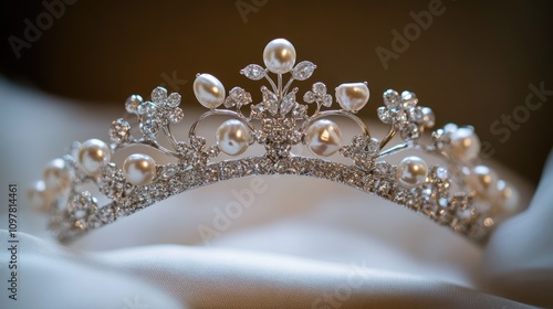 Elegant silver tiara adorned with pearls and sparkling crystals