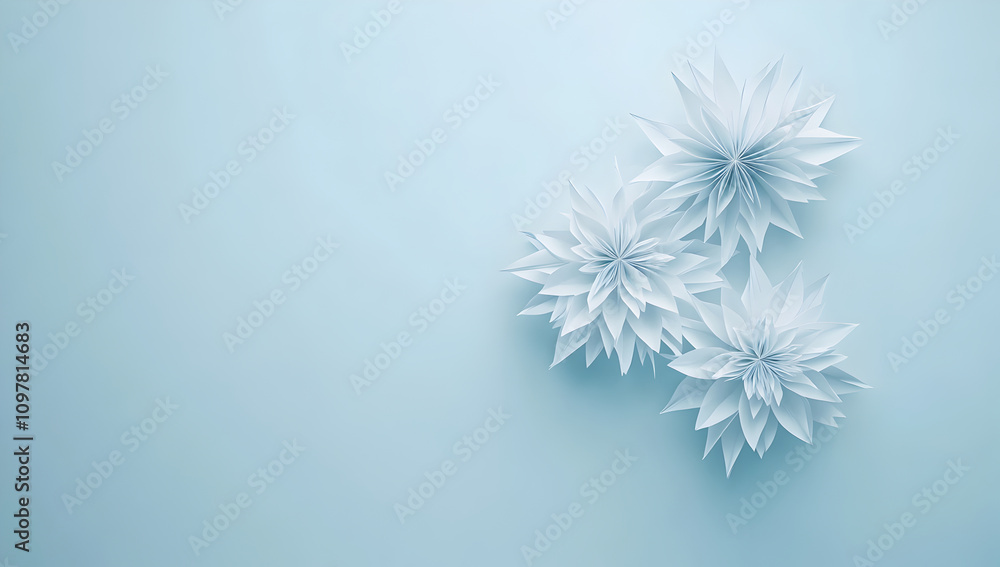 Three Elegant White Paper Snowflakes on Light Blue Background, Minimalist Winter Design and Seasonal Art Three Elegant White Paper Snowflakes on Light Blue Background, Minimalist Winter Design and Seasonal Art