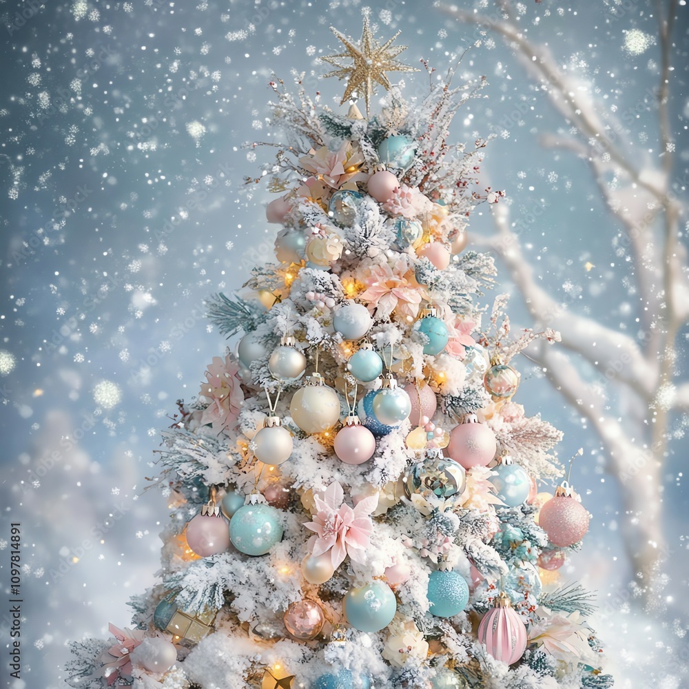 Snow-Covered Christmas Tree with Pastel Ornaments in a Winter Wonderland Snow-Covered Christmas Tree with Pastel Ornaments in a Winter Wonderland
