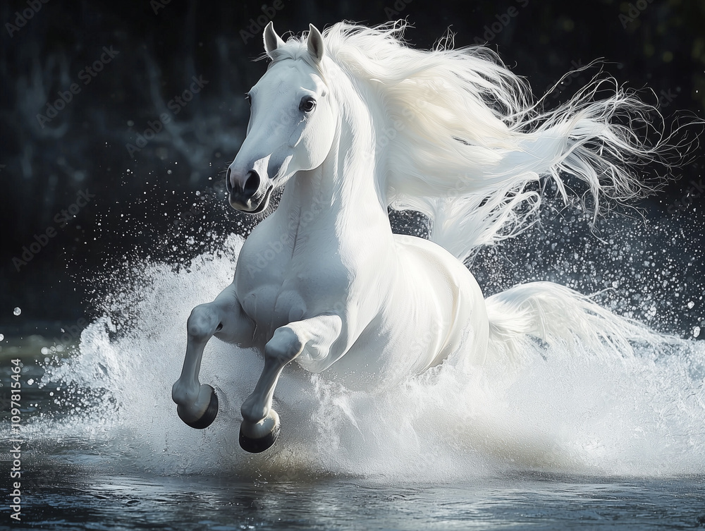 Naklejka premium white horse runs gallop on the beach