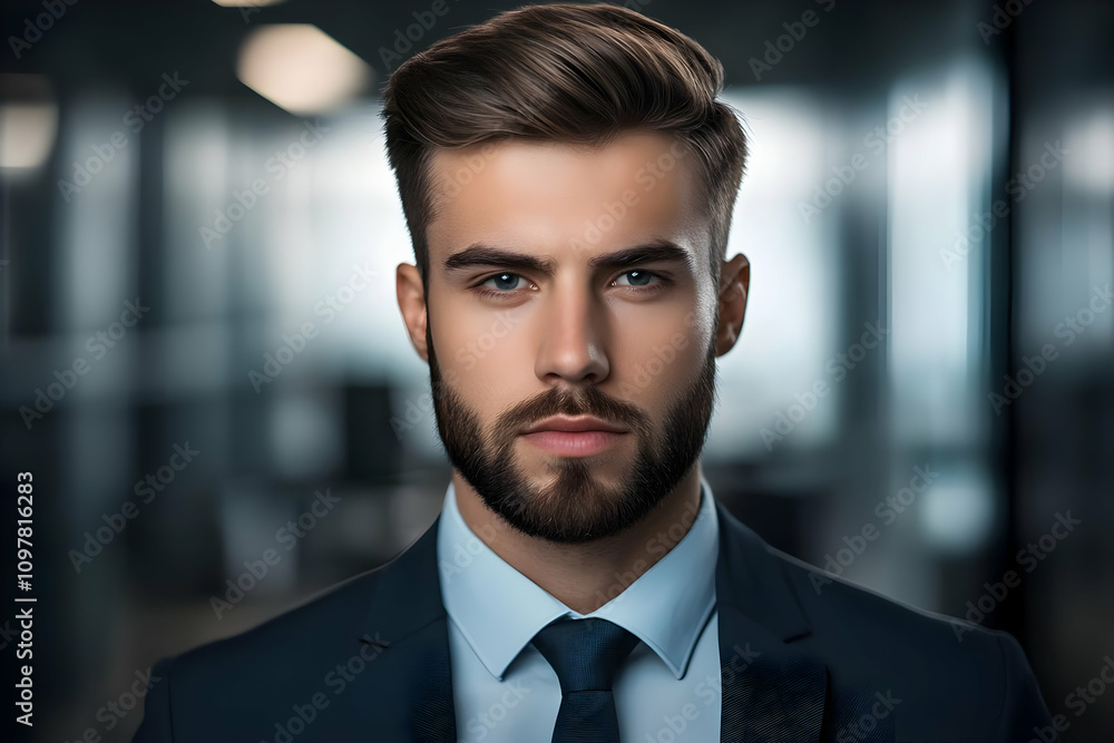 Blurry office background headshot - A confident young man in a suit, exuding professionalism and charisma in a modern setting. Blurry office background headshot - A confident young man in a suit, exuding professionalism and charisma in a modern setting.