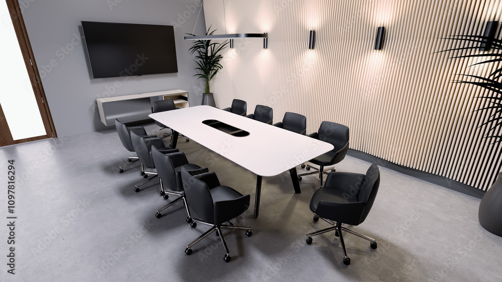 spacious conference room features a long white table surrounded by ergonomic black chairs, creating a professional environment for teamwork and discussions. Modern decor enhances focus. 3d render spacious conference room features a long white table surrounded by ergonomic black chairs, creating a professional environment for teamwork and discussions. Modern decor enhances focus. 3d render
