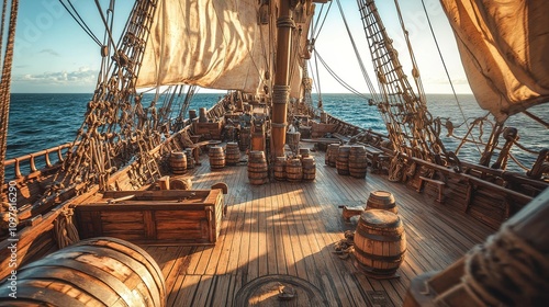 Sunlit deck of a historic sailing ship at sea.