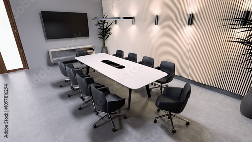 spacious conference room features a long white table surrounded by ergonomic black chairs, creating a professional environment for teamwork and discussions. Modern decor enhances focus. 3d render