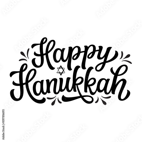Happy Hanukkah. Hand lettering text with a star of David isolated on white background. Vector typography for cards, banners, posters