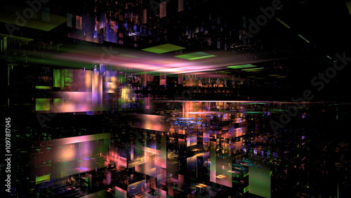 Colorful abstract shapes and patterns fill a dimensional space, creating a mesmerizing visual experience. Bright lights reflect off surfaces, offering a sense of depth and movement. 3d render