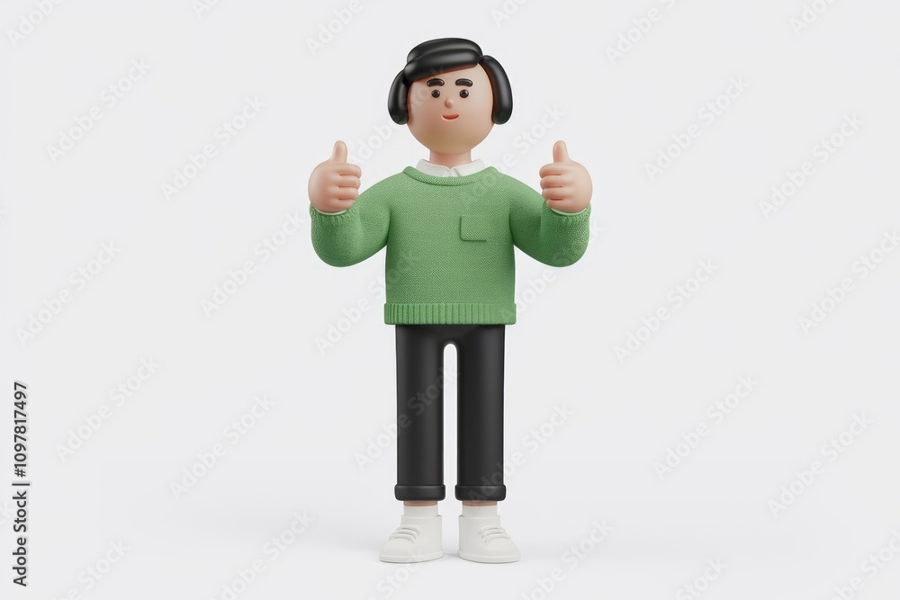 3D cartoon man wearing green sweater giving thumbs up 3D cartoon man wearing green sweater giving thumbs up