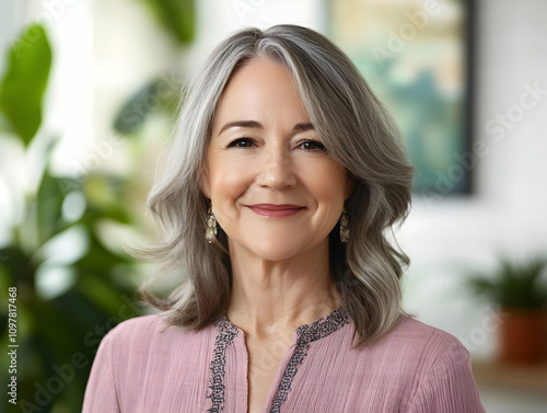 Blurry office background headshot - A smiling older woman with gray hair, wearing a pink blouse, in a bright indoor setting.