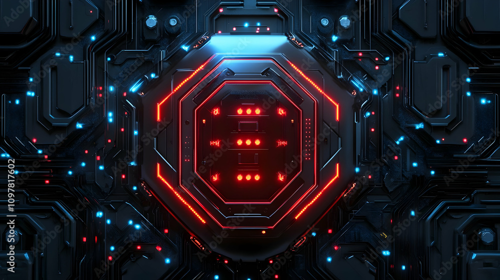 Fototapeta premium A digital octagonal device with red glowing patterns and a futuristic appearance, symbolizing high-tech control systems.