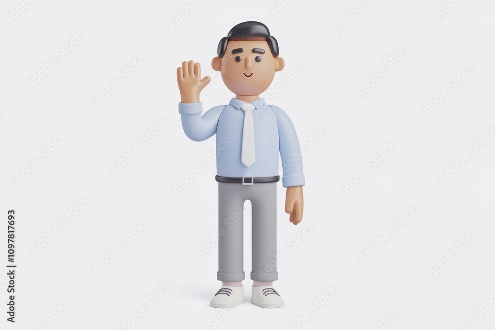 A 3D cartoon businessman waves hello friendly and approachable A 3D cartoon businessman waves hello friendly and approachable