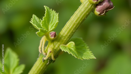 Close-up of a Bitter Dock stem ( Rumex obtusifolius ) with tubercles and achene leaves photo