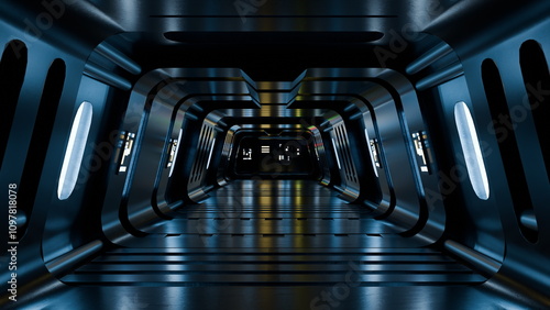 Fototapeta Naklejka Na Ścianę i Meble -  long, futuristic corridor features sleek, metallic walls and ambient lighting, creating an atmosphere that invites exploration in a sci-fi universe. design emphasizes depth and intrigue