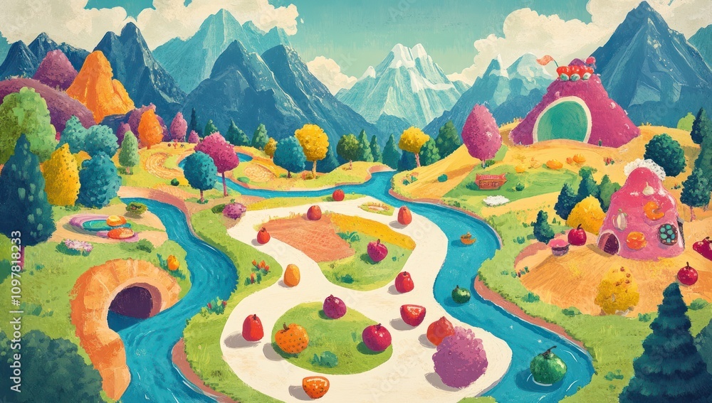 Candy Land Landscape with River and Mountains Candy Land Landscape with River and Mountains