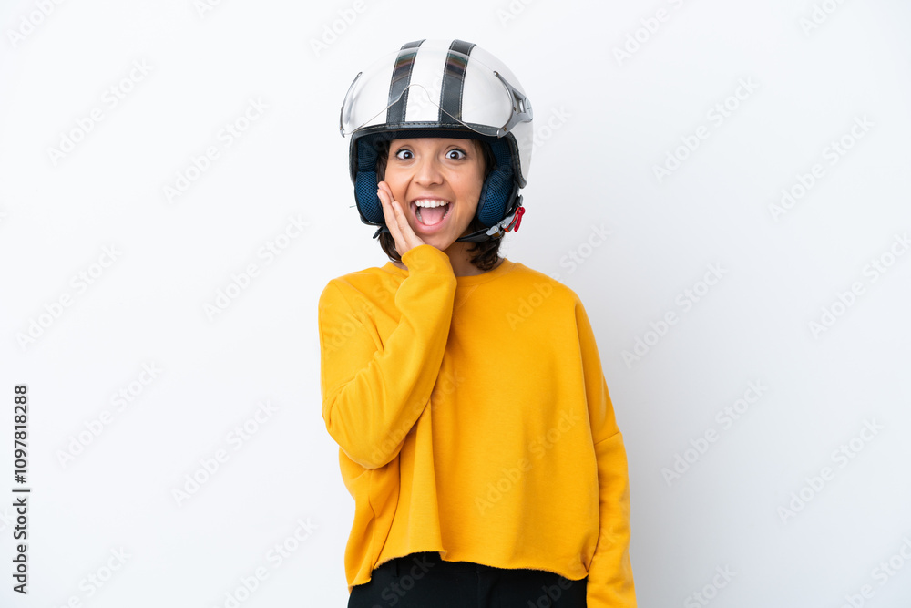 Woman with a motorcycle helmet with surprise and shocked facial expression Woman with a motorcycle helmet with surprise and shocked facial expression