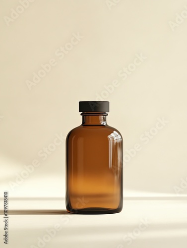 a brown glass bottle with a black cap without any brand on the bottle. the background should be soft. used to store oil or for beauty products.