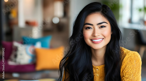 Blurry office background headshot - A smiling woman with long black hair in a cozy, colorful indoor setting.