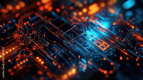 computer's circuit board, with intricate pathways and glowing elements that depict the advanced technology behind quantum communication photo