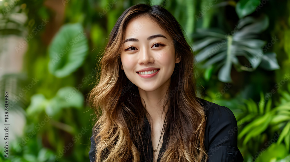 Blurry office background headshot - A smiling woman poses in front of lush greenery, showcasing a vibrant and cheerful atmosphere. Blurry office background headshot - A smiling woman poses in front of lush greenery, showcasing a vibrant and cheerful atmosphere.