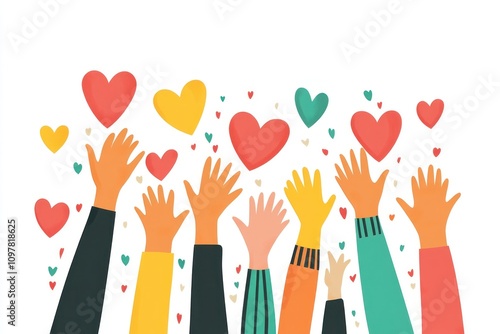 A flat vector illustration of diverse hands raised with hearts