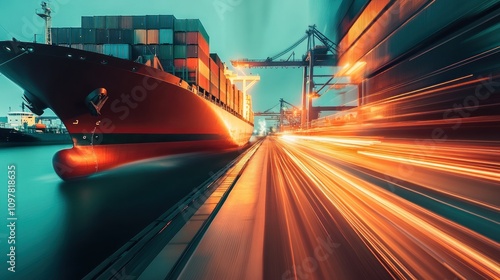 Cargo Ship at Dockside with Motion Blur Effect and Vibrant Colors in Twilight Setting