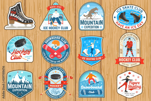 Set of Ice Hockey, snowboard and Ice Skate club logo, patch with snowboarder, skier rides, ice hockey player, sticker, puck, skate, helmet, ice skater girl. Winter sport. Vector.