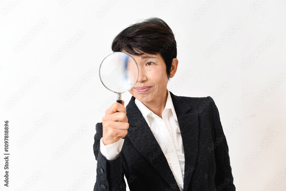 虫眼鏡（ルーペ）を持つスーツ姿の中年女性
