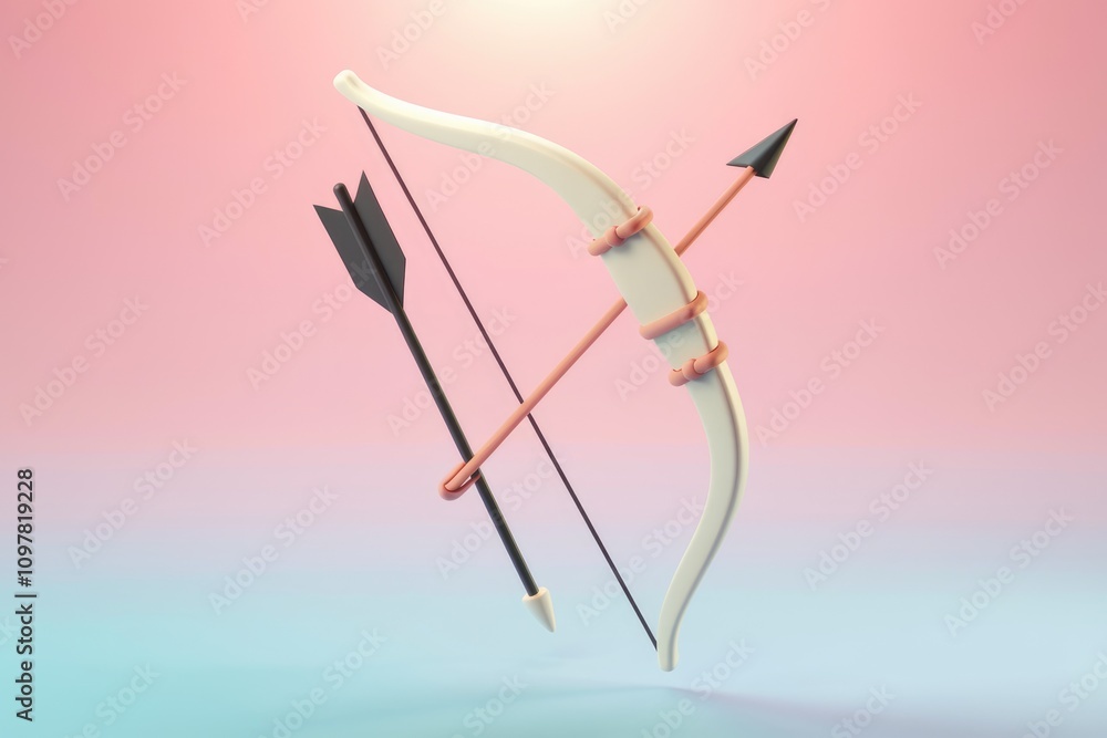 Fototapeta premium A 3D rendered image of a stylized bow and arrow pastel colored on a gradient background