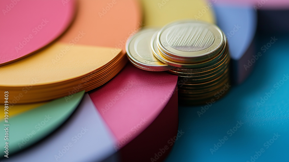Close-up of pie chart sections in bright colors, cut from paper with coins on top - Artistic and textured, soft indoor light Close-up of pie chart sections in bright colors, cut from paper with coins on top - Artistic and textured, soft indoor light