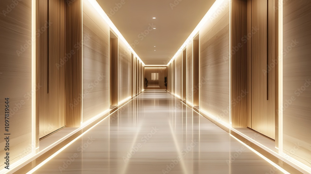 Illuminated modern corridor with ambient lighting and reflective Illuminated modern corridor with ambient lighting and reflective