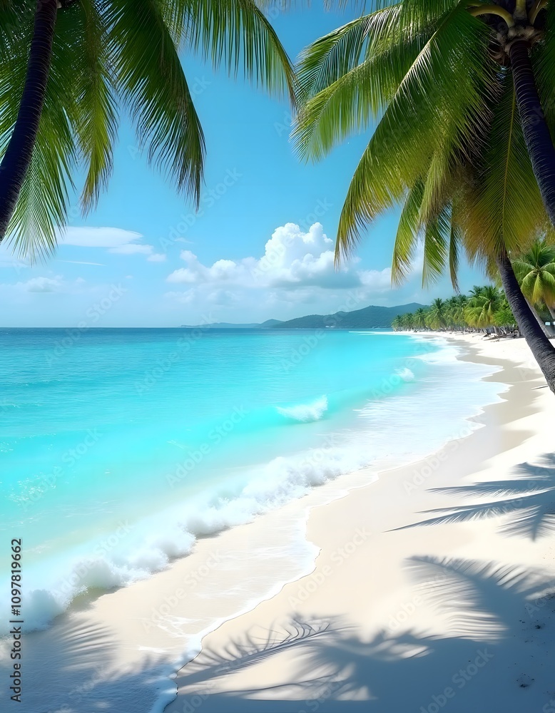 Scenic view of a Tropical beach with turquoise waters and palm trees swaying Scenic view of a Tropical beach with turquoise waters and palm trees swaying