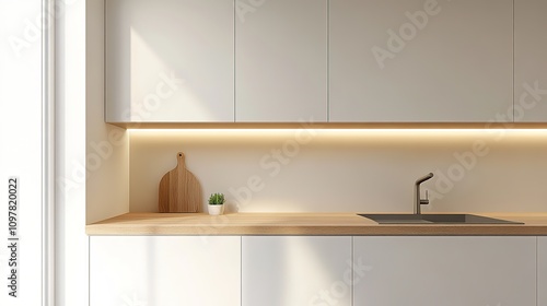 Minimalist kitchen design with warm lighting and wooden countert photo