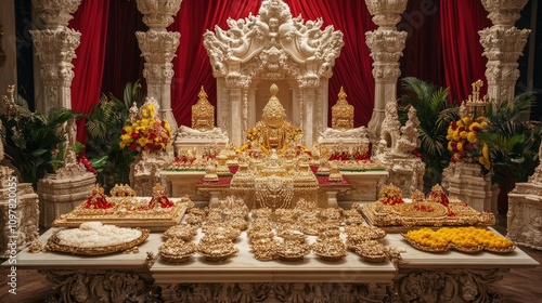 Ornate Hindu Temple Decorated with Flowers and Gold Artifacts