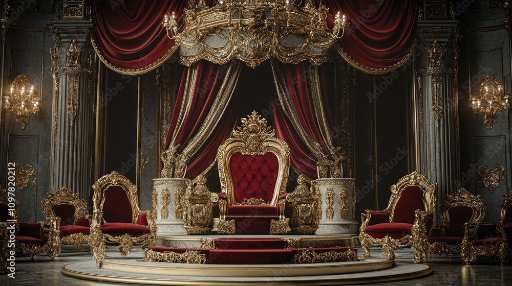 Obraz premium Luxurious Royal Throne Room with Ornate Décor and Rich Textiles