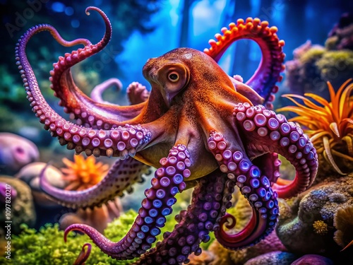 Close-Up of an Octopus at the Aquarium, Capturing the Intricate Textures and Colors of Its Body in a Vibrant Underwater Setting with Natural Light Highlights