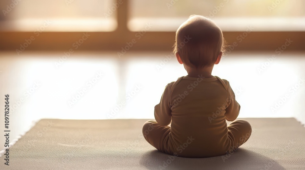 Lonely Baby Sitting on Soft Mat in Empty Space Lonely Baby Sitting on Soft Mat in Empty Space
