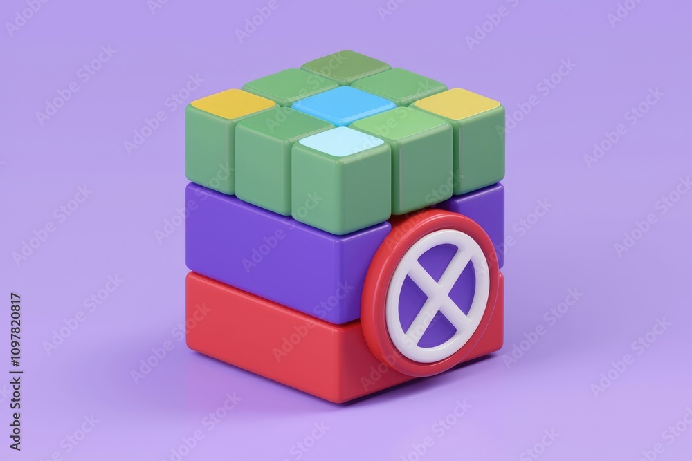 Obraz premium A 3D rendering of colorful blocks stacked forming a cube with a prohibition symbol