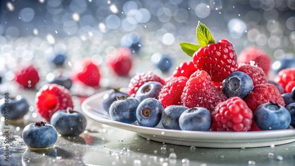 Close-up of Fresh Raspberries and Blueberries on a White Plate, Showcasing Water Droplets for a Vibrant and Refreshing Food Photography Experience Close-up of Fresh Raspberries and Blueberries on a White Plate, Showcasing Water Droplets for a Vibrant and Refreshing Food Photography Experience