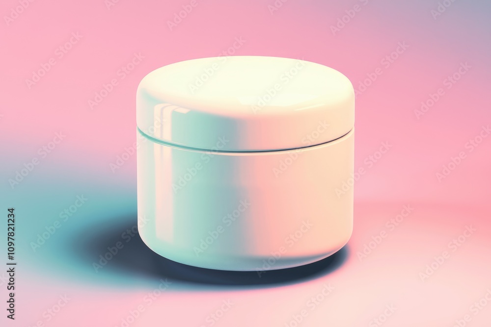 A minimalist white cosmetic jar with a lid isolated on a pastel pink background A minimalist white cosmetic jar with a lid isolated on a pastel pink background