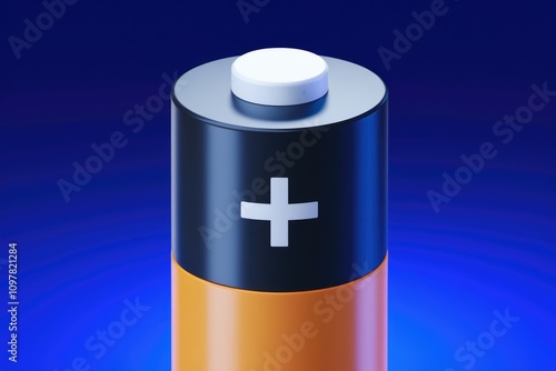 A 3D rendering of a single AA battery with a black top and orange bottom against a blue background photo